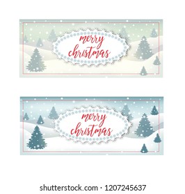 Vector postcard with red Bright Merry Christmas brush lettering text on winter background with snowflakes, fir-trees and snow