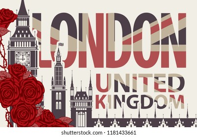 Vector postcard with red roses and Big Ben in London, Palace of Westminster, UK. Retro postcard with words London, United Kingdom in colors of british flag