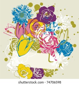 vector postcard with retro flowers on beige background. Vector illustration