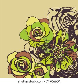 vector postcard with retro flowers on beige background. Vector illustration