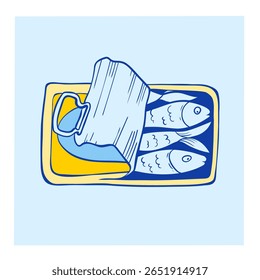 Cartão-postal vetorial com sardinhas em embalagem de estanho e pode abrir. Conceito marinho engraçado. Ótimo para marca de frutos do mar, decoração de cozinha ou cartões de presente náuticos. Estilo gráfico de rabiscar desenhado à mão.