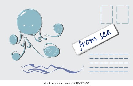 vector postcard from the sea with illustration of octopus