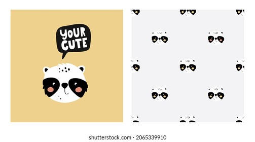 Vector postcard set and seamless pattern with cute baby panda and handwritten lettering You're cute. Children's illustration in Scandinavian style for postcards, posters, clothing design and decor