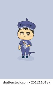 Vector postcard showing a cute kid in glasses and shark costume holding a stick with marshmallows strung on it on greyish background