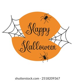 Vector postcard with spiders and web for Halloween. Festive icon for All Saints Day. Congratulatory text for Halloween in a circle with insects.