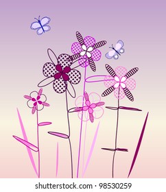 vector postcard with with spring flowers and butterflies