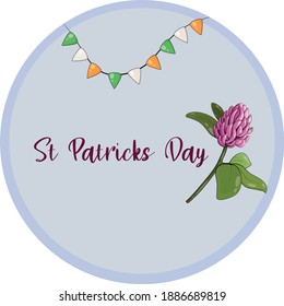 Vector postcard St. Patrick's Day. Triangular flags in the colors of the flag of Ireland and pink clover.