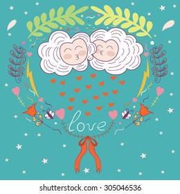 vector postcard in the style of children. love. kissing clouds and floral ornament. heart.