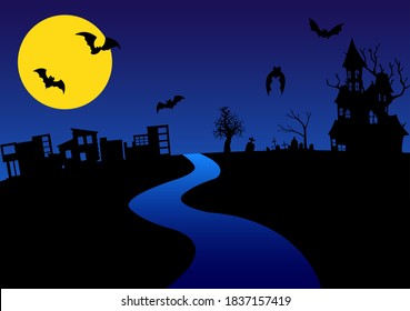 Vector postcard in the style of Halloween, where the city plunges into darkness.