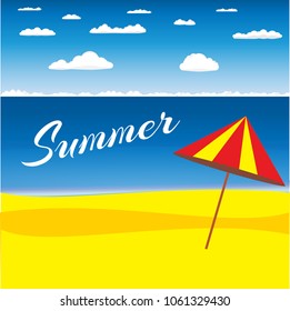 Vector postcard with the summer typography and the red beach umbrella at the sandy sea shore with the sea and clouds on the background