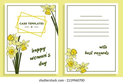 Plantilla de postal vectorial con daffodils.
Felicitaciones por el Día Internacional de la Mujer.