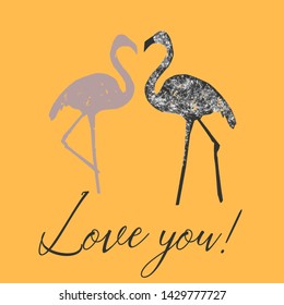 Vector postcard or template for design with gentle flamingos and text "Love you!"