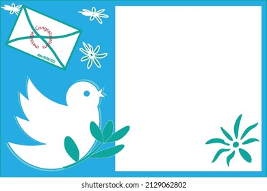 Vector postcard template design with white dove on blue background and free space for text. Icon symbol of peace and good news.