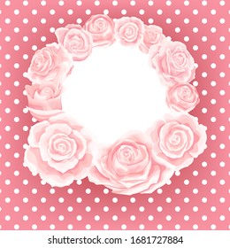 Vektorillustration-Postkartenvorlage mit rosafarbener Rosenblume um den Rahmen auf Polka-Punkt-Hintergrund. Hochzeitseinladung oder romantisches Kompliment