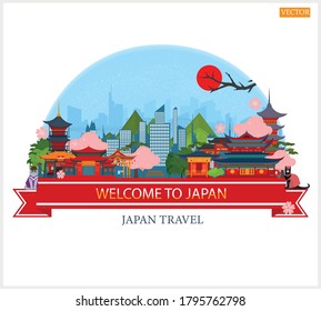 Vector postcard. Travel to Japan. Ancient temples