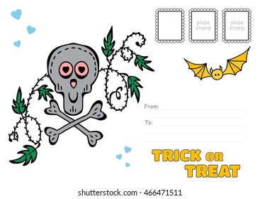 Vector postcard, Trick or Treat greeting card. Halloween illustration of kawaii smiling skull and bat, place for Your text and post stamp included. Printable template