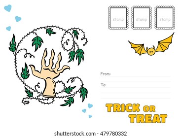 Vector postcard, Trick or Treat greeting card. Halloween illustration of severed hand and bat, place for Your text and post stamp included. Printable template