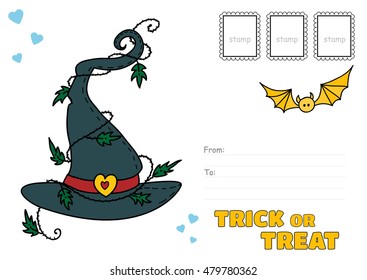Vector postcard, Trick or Treat greeting card. Halloween illustration of witch hat and bat, place for Your text and post stamp included. Printable template