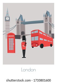 Vector postcard with typical London symbols. Big Ben, Tower Bridge, phone booth, red bus and guard
