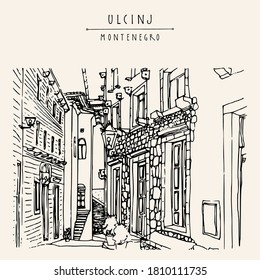 Vector postcard of Ulcinj, Montenegro, Balkans, Europe. Houses in a narrow alley. Line art travel sketch. Hand drawn artistic postcard, poster template, Touristic illustration background. Vector EPS10