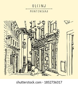 Vector postcard of Ulcinj, Montenegro, Balkans, Europe. Houses in a narrow alley. Line art travel sketch. Hand drawn artistic postcard, poster template, Touristic illustration background. Vector EPS10