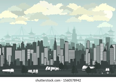 Vector postcard with urban landscape, Chinese architecture and gray clouds.