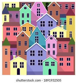 Vector postcard with urban plot.Bright colorful houses.Flat.