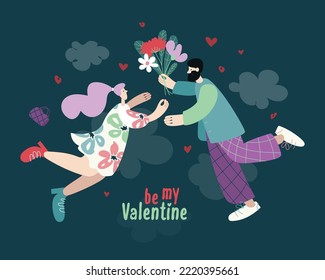 Vector postcard Valentine card with a pair of lovers flying in the clouds. Valentine's Day invitation. A man with a beard gives a bouquet of flowers to a woman on a dark background of the night sky.