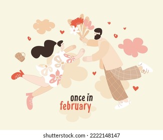 Vector postcard Valentine card with a pair of lovers flying in the clouds. Valentine's Day invitation. A happy man with a beard gives a bouquet of flowers to a woman on a light background of the sky
