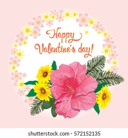 Vector postcard for Valentine's Day with a bouquet of pink and yellow flowers on a pink background