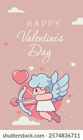 Vector postcard Valentine's Day. Cartoon, cute cupid with bow and arrow on the background of hearts. Illustration with space for text. Minimalistic style, suitable for icons, postcards, website banner