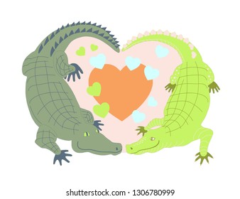 Vector postcard for Valentine's Day. Couple of crocodiles in love on pink background with hearts
