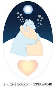 Vector postcard for Valentine's Day. Couple of polar bears in love hugging on dark-blue background with hearts