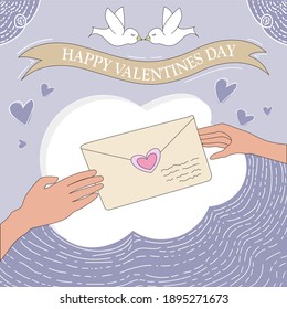Vector postcard for Valentine's Day, hands of lovers with a letter for February 14