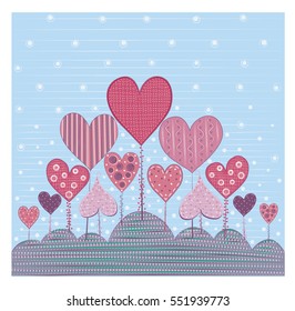 Vector postcard Valentine's day.  Hearts with different patterns.   