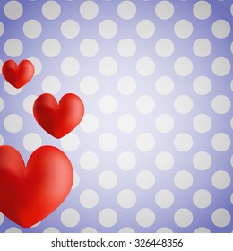 Vector postcard for Valentine's day. Three expressive heart peep from the left edge of the picture in the white and blue retro background with white polka dots. All isolated.