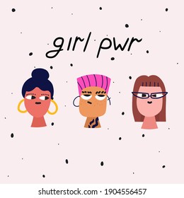 Vector Postcard - Various Portraits Of Women.Girls Power Poster For International Women's Day.Feminism - People With Difference. Person Plural.Flat Style 2021.