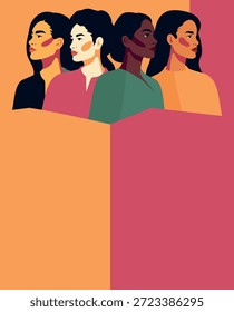 Cartão-postal vetorial, faixa vertical para o Dia Internacional da Mulher, 8 de março, com espaço para texto. Mulheres fortes de diferentes culturas, nacionalidades estão juntas. Unidade, diversidade, empoderamento das mulheres