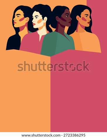 Vector postcard, vertical banner for International Women's Day, March 8, with space for text. Strong women of different cultures, nationalities stand together. Unity, diversity, women's empowerment