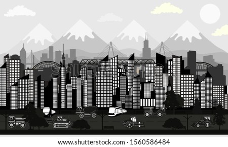 Vector postcard with a view of the modern city in black and white colors
