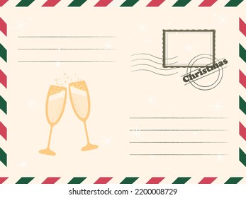 
A vector postcard with a vintage postage stamp. Christmas card for congratulations decorated with champagne and snowflakes. A ready-made greeting card.
