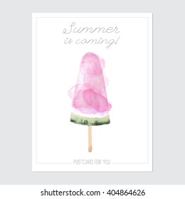 Vector postcard with watercolor ice cream and inscription isolated on white background in retro style. Postcard with ace cream. Watercolor pink ice cream. 