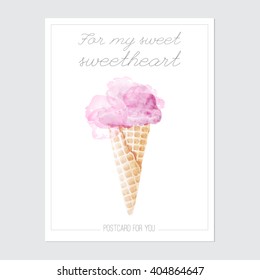 Vector postcard with watercolor ice cream and inscription isolated on white background in retro style. Postcard with ace cream. Watercolor pink ice cream. 