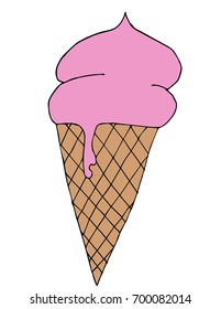 Vector postcard with watercolor ice cream and inscription isolated on white background in retro style. Postcard with ace cream. Watercolor pink ice cream.
