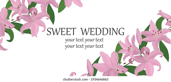 Vector postcard. A wedding invitation. Postcard design template. Light pink lily flowers on a white background.