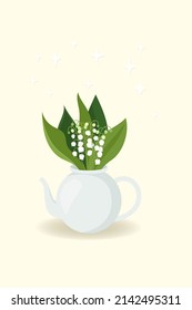 vector postcard with white lilies of the valley and green leaves in a blue jug, the season of spring and primroses, as a poster, postcard, invitation.