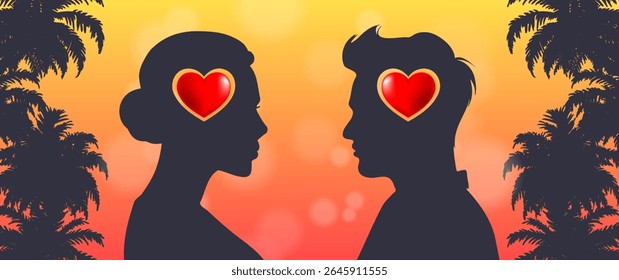 Postal de Vector, Anuncio ancho. Día de San Valentín. Siluetas de niña y hombre con el corazón rojo brillante en sus cabezas. Sombras de hojas de palma. Cielo atardecer, amanecer con puntos de luz. Efecto Bokeh. Amor