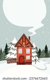 Postal vectorial con un paisaje invernal con una casa navideña acogedora en un bosque nevado, un buzón de correo cercano y humo de una chimenea. Postal con lugar para el texto. Nevada, casa de pueblo, motos de nieve