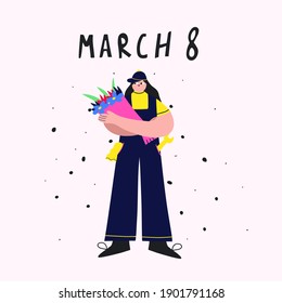 
vector postcard - woman locksmith and auto mechanic with a bouquet of flowers. Strong working woman feminist on March 8th. Non-feminine profession. International Women's Day - Flat Style 2021