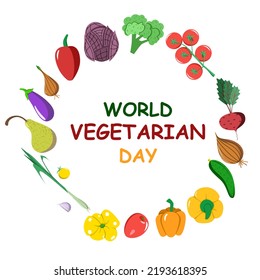 Vector postcard of the World Vegetarian Day in a flat style. Food in a circle around.